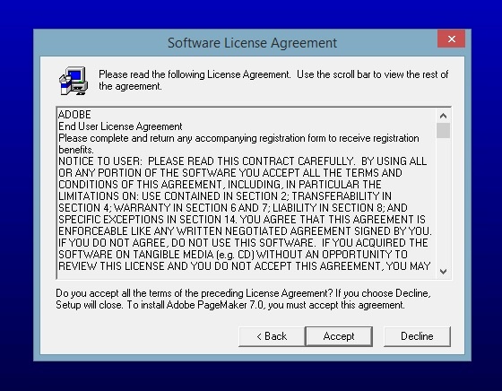 license agrement Adobe Pagemaker 7.0 accept